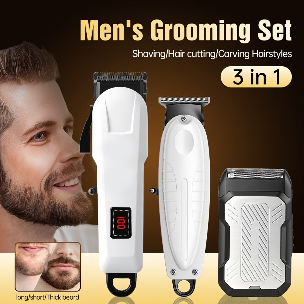 Men's Hair Clipper Set Cordless Beard Trimmer Electric Shaver Grooming Kit with LCD Display USB-C Rechargeable for Home Barber Haircut Mustache Travel Father's Day Gift