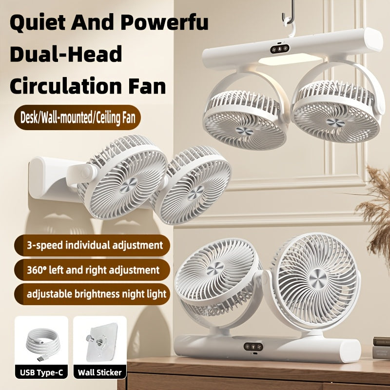Double Head Air Circulation Fan USB Rechargeable | Desktop & Wall-Mounted 3-Speed Dual-Head Fan with Atmosphere Night Light, Multi-Angle Airflow for Camping, Home & Office ¨C Grey & White