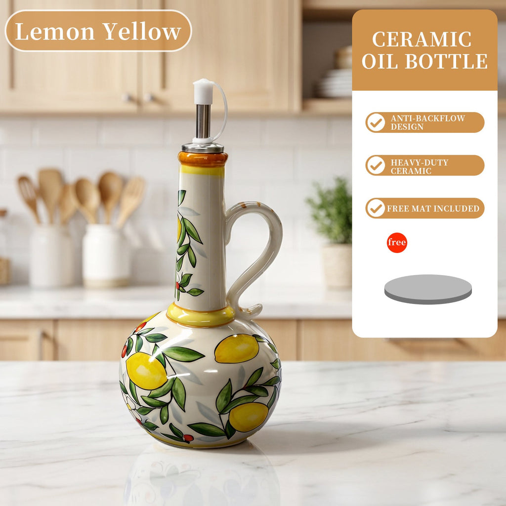 Ceramic Oil and Vinegar Dispenser Set Hand-Painted Underglaze Anti-Drip Leak-Proof Kitchen Oil Bottle with Oil Spout and Foot Pad Olive Green Lemon Yellow
