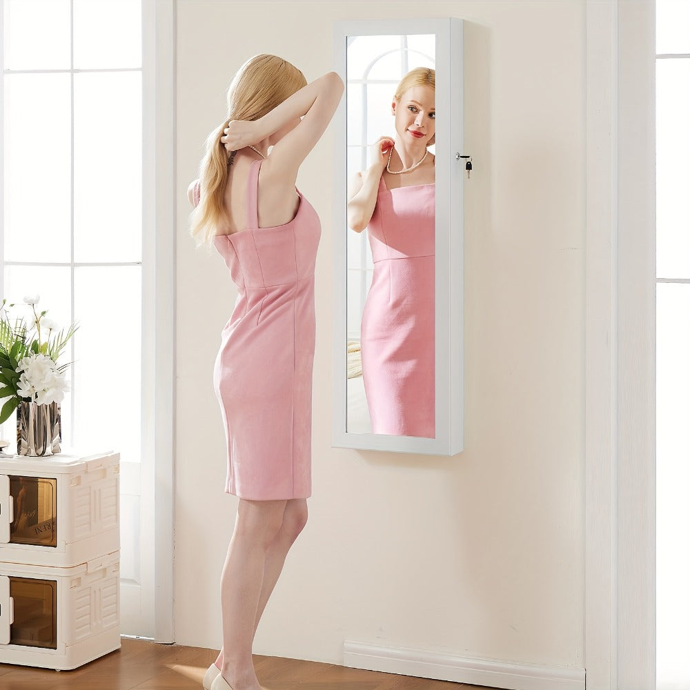 Jewelry Armoire Floor Standing 47.2¡± Full-Length Mirror Cabinet with 6 LED Lights Dual Lock, Jewelry Organizer for Necklaces Earrings Rings Bracelets, Bedroom Closet Storage 4 Colors