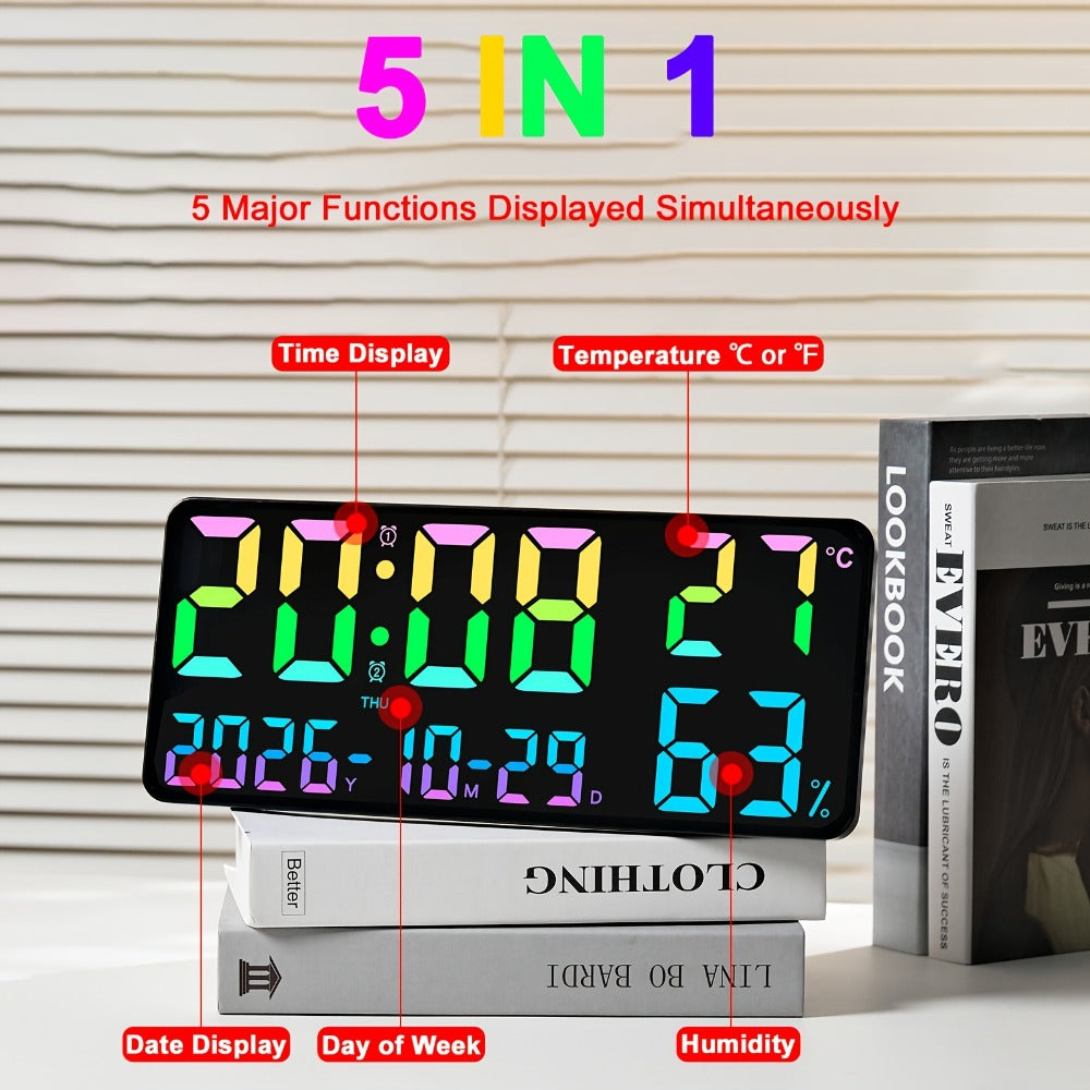 Digital Wall Clock 14.6 Inch Large LED Display with Remote Control - 12 RGB Color Modes, Dual Alarm, Night Light, Temperature, Humidity & Date | Smart Home Decor for Living Room, Bedroom & Elderly