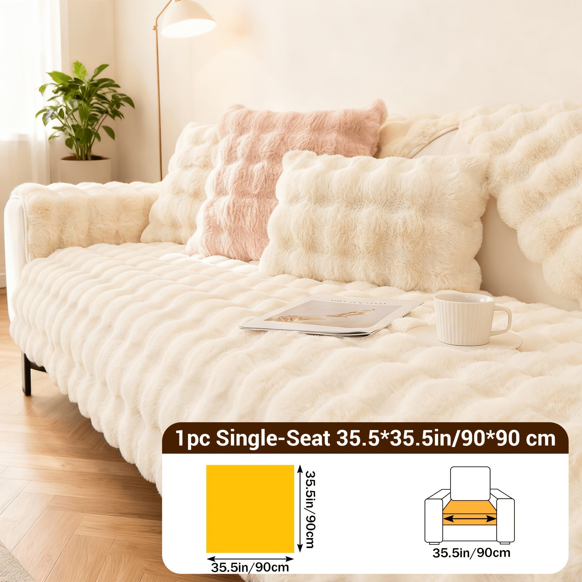 Bubble Soft Faux Rabbit Fur Sofa Cover - Non-Slip Silicone Backing Stretchable Slipcover Pet Friendly Machine Washable for Living Room Bedroom Dorm, 4 Colors Multiple Sizes