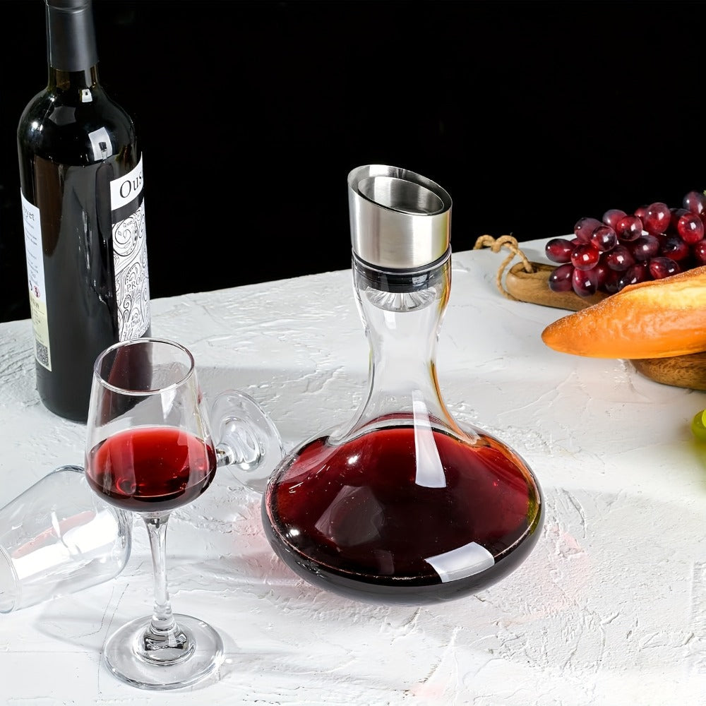 Wine Decanter Hand Blown Crystal Glass 1000ml Aerator Pourer Red Wine Carafe with Stainless Steel Aerator Lead-Free Clear Glass Perfect Gift for Wine Lovers
