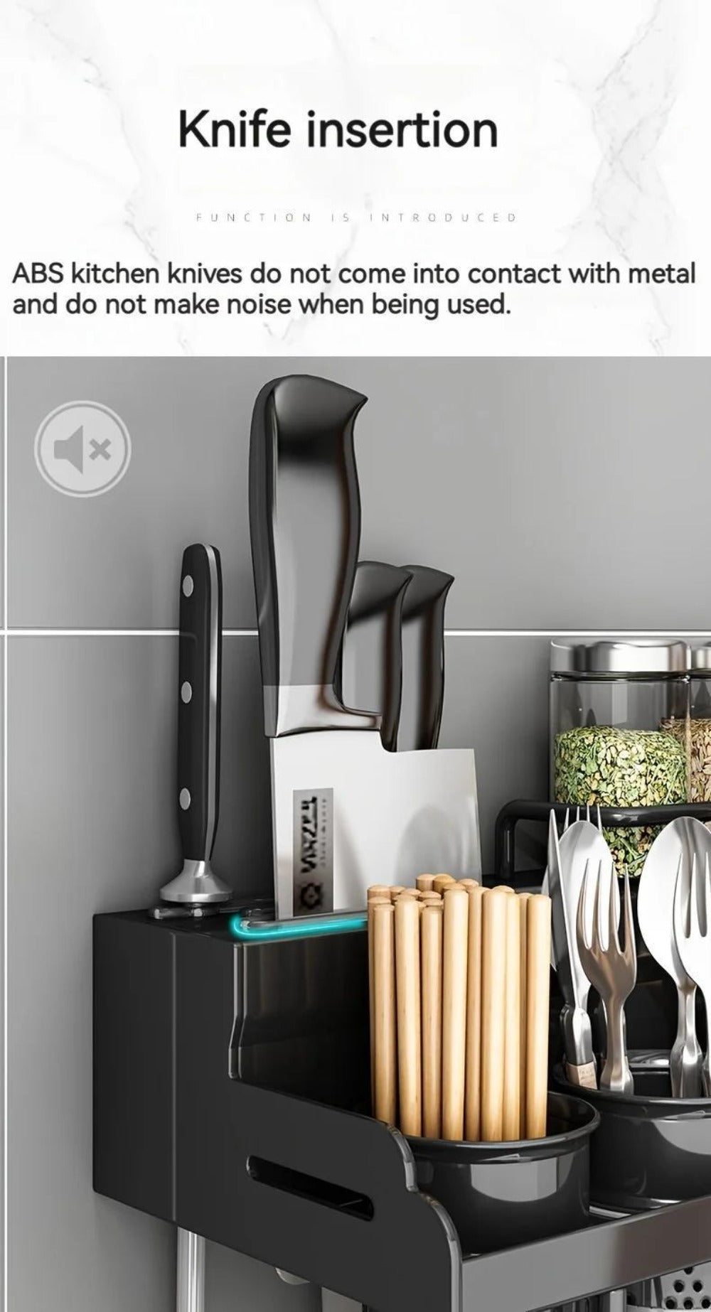 Kitchen Wall Mounted Storage Rack Double Layer ¨C No-Drill Organizer with Knife Slots, Chopstick Holder & Towel Bar, Space-Saving Floating Shelf for Kitchen Counter, 19.69 Inch (Black)