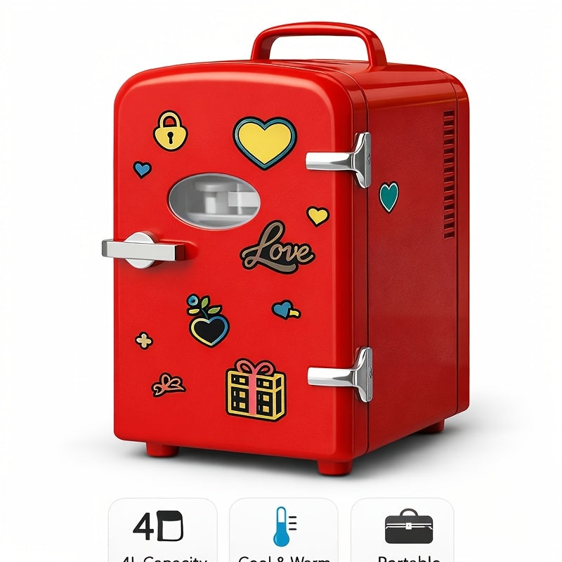Aesthetic Mini Fridge 4 Liter with Stickers - Portable Cooler and Warmer for 6 Cans, AC/DC Compact Refrigerator for Bedroom, Office, Dorm & Car, Cute Mini Fridge Gift for Friends, Black Pink Red