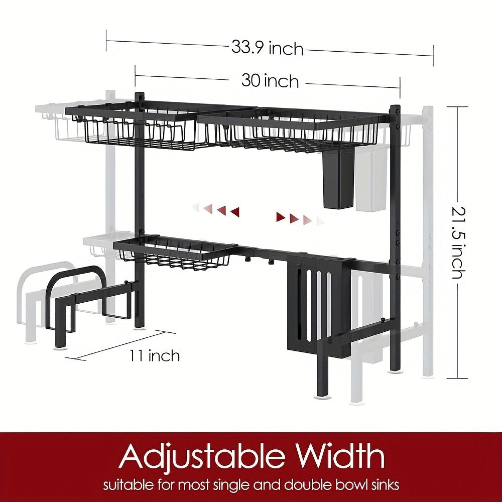 Over-the-Sink Dish Drying Rack Expandable 2-Tier 304 Stainless Steel Adjustable 30-34 Inch with Utensil Holder Knife Holder Cutting Board Holder and 5 Hooks for Kitchen