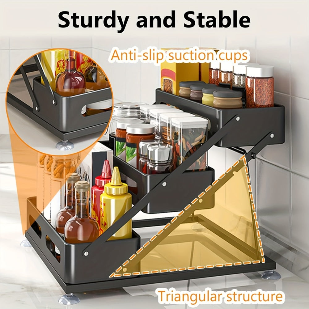 3-Tier Foldable Spice Rack Organizer with Safety Rails - Space-Saving Countertop & Cabinet Storage for Kitchen Pantry, Durable Metal Finish, Sturdy Construction