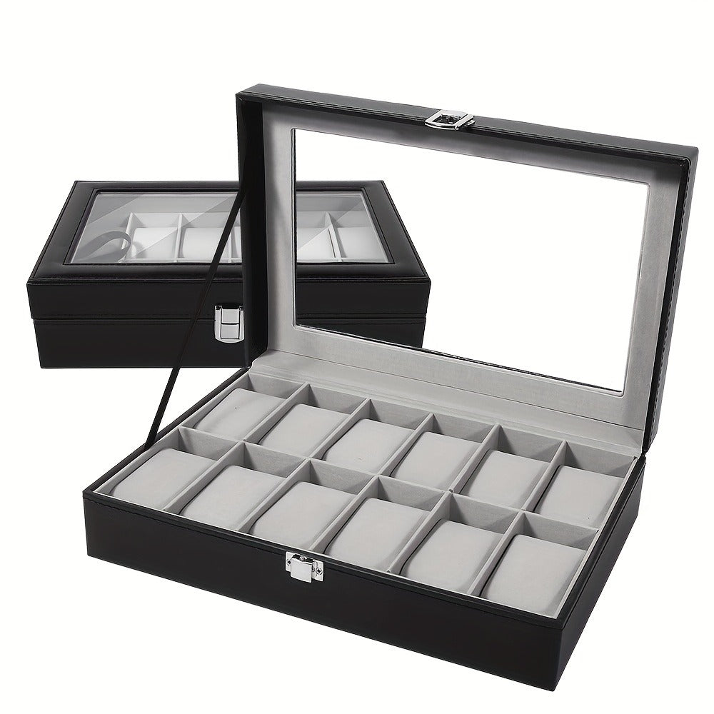 Watch Box Organizer 12 Slot PU Leather, Watch Display Case with Glass Lid Removable Pillow Metal Clasp, Jewelry Box Gift for Him Her Valentine's Day Birthday Christmas