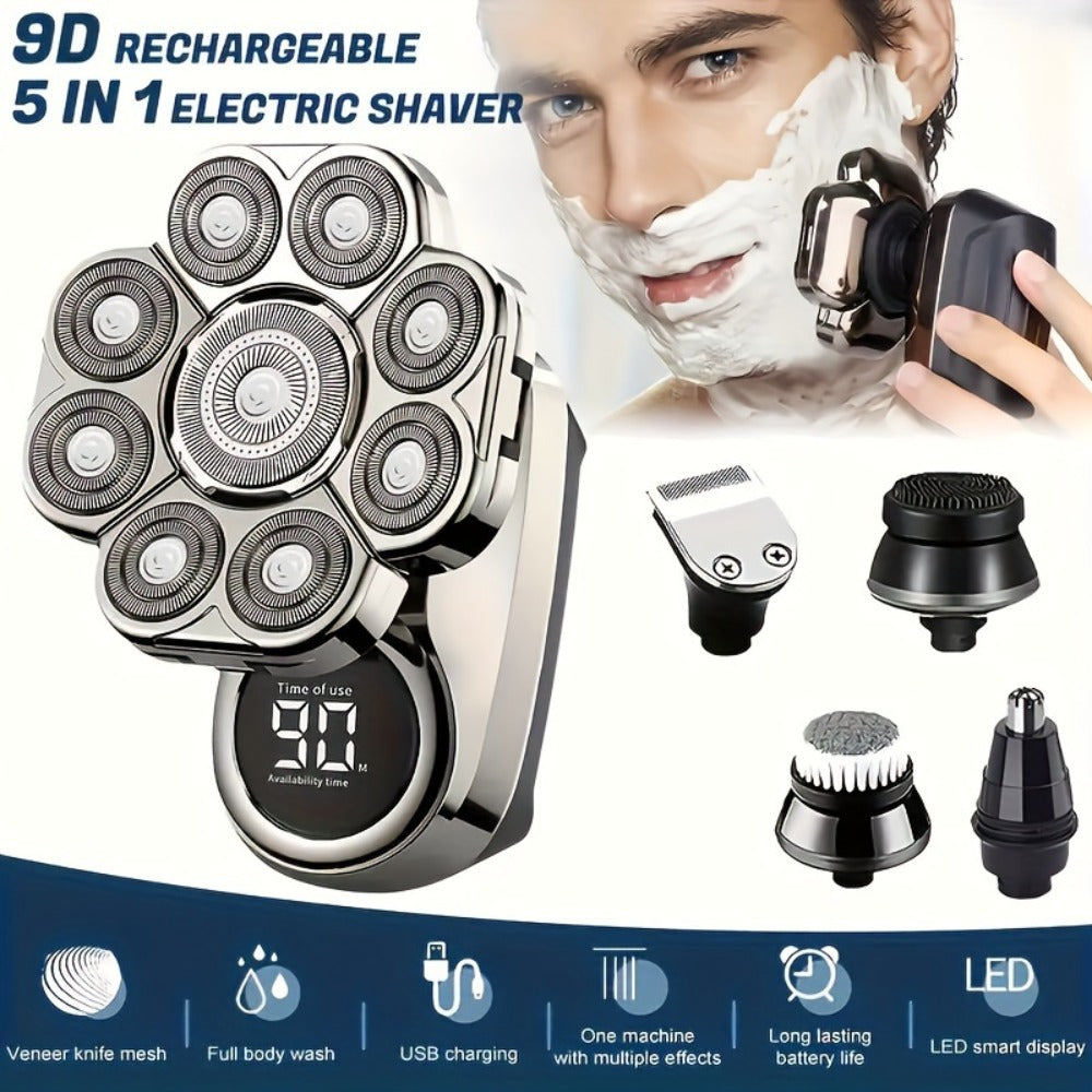 9D Electric Head Shaver for Bald Men ¨C 5-in-1 Cordless Rechargeable Bald Head Razor & Grooming Kit for Home and Travel