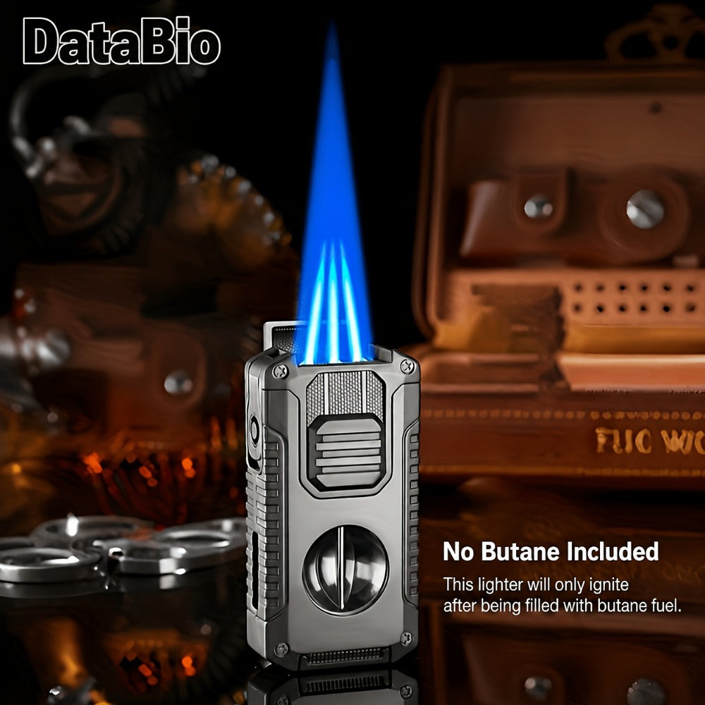 Windproof Tri-Jet Flame Butane Lighter 5-in-1 Metal Refillable - Adjustable Flame Cigar Lighter with Transparent Gas Chamber for BBQ Camping Candles Gift