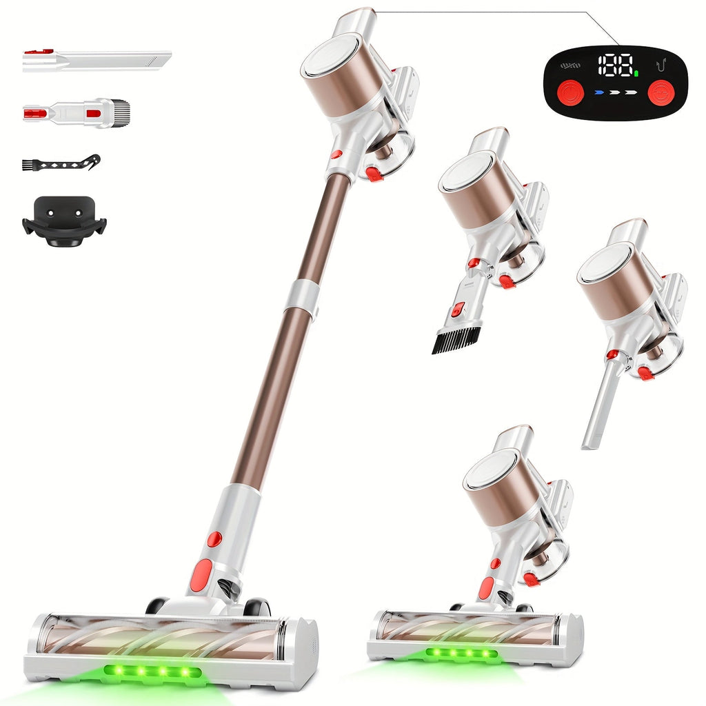 Anti-Tangle LED Vacuum Cleaner 55-69Kpa Corded & Cordless with Green LED Brush, Removable Battery & Multiple Suction Levels - Up to 45 Min Runtime for Carpets, Pet Hair & Hardwood Floors, 7 Colors