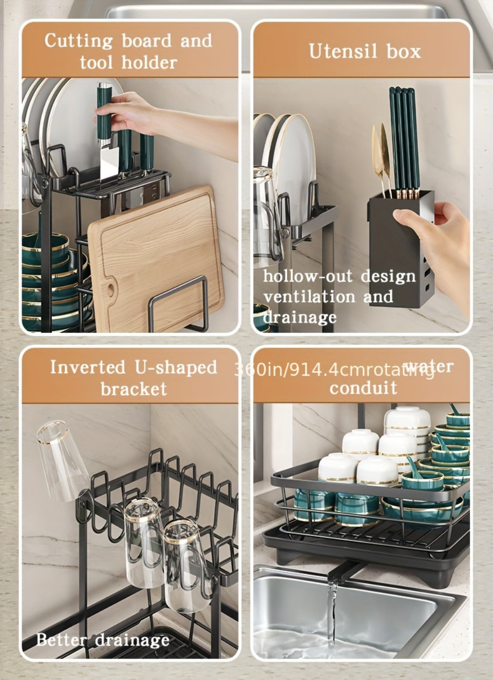 2-Tier Metal Dish Drying Rack with Cutlery Holder Cup Holder & Rust-Proof Drip Tray ¨C Space Saving Countertop Kitchen Organizer