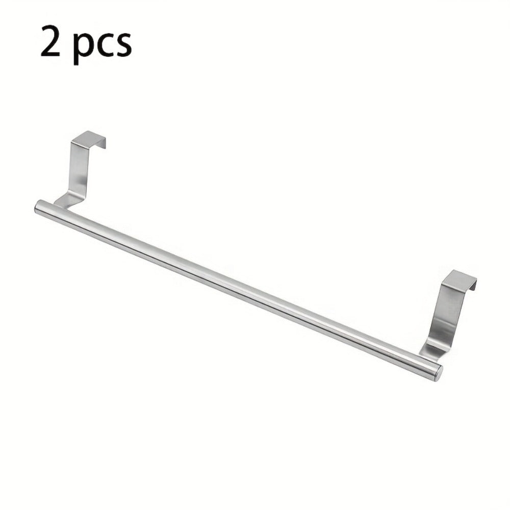 Cabinet Door Towel Bar Stainless Steel 2pcs Set - Over the Door Hand Towel Hanger Rack No Drilling | Black Silver | Kitchen Bathroom Cupboard Dishcloth Organizer Bathroom Accessories