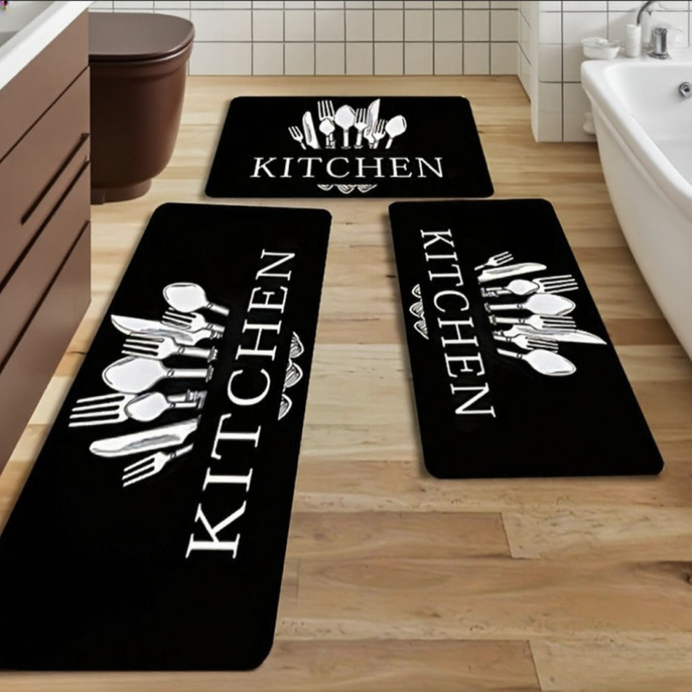 Kitchen Mat Set 3-Piece Alphabet Knife & Fork Pattern ¨C Non-Slip Soft Washable Rugs for Kitchen, Dining Room & Bathroom