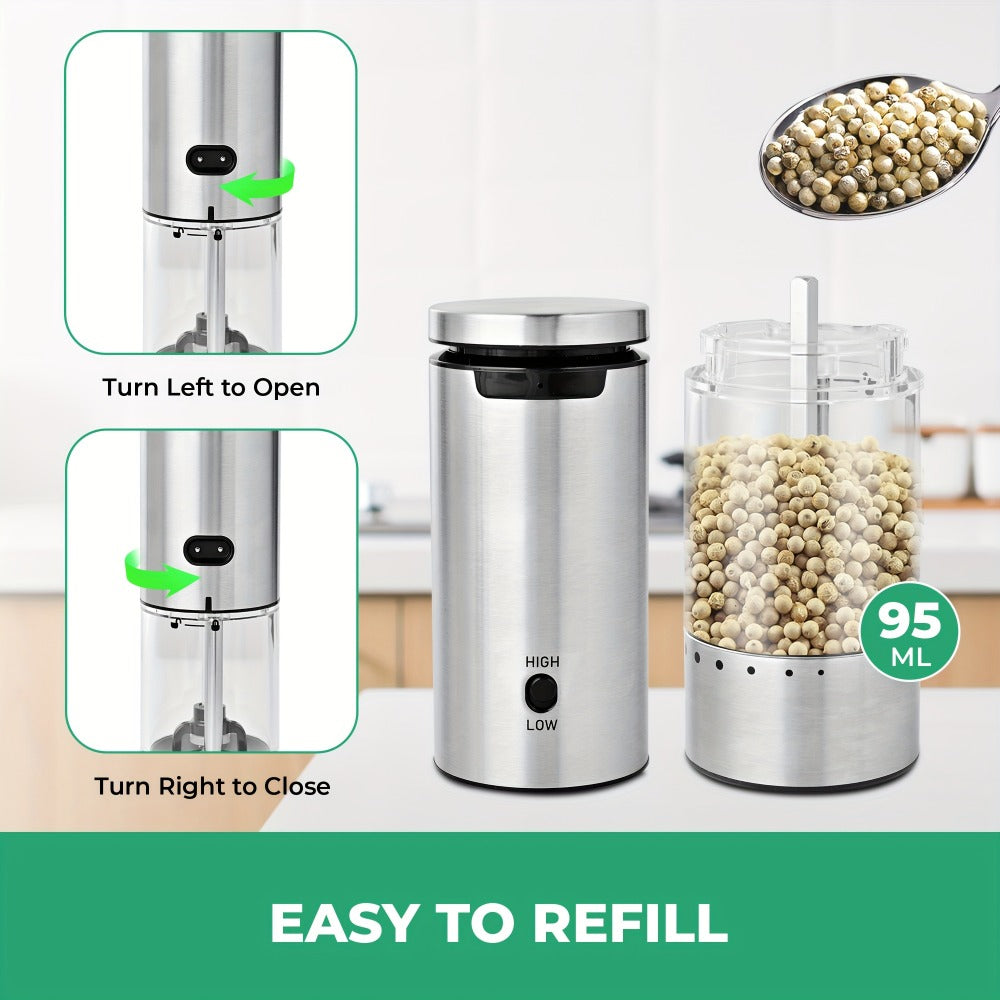Electric Pepper Grinder Set USB-C Rechargeable with LED Light Ceramic Core Adjustable Coarseness One-Hand Automatic Salt Pepper Mill Kitchen Gift for Home Cooking Camping BBQ