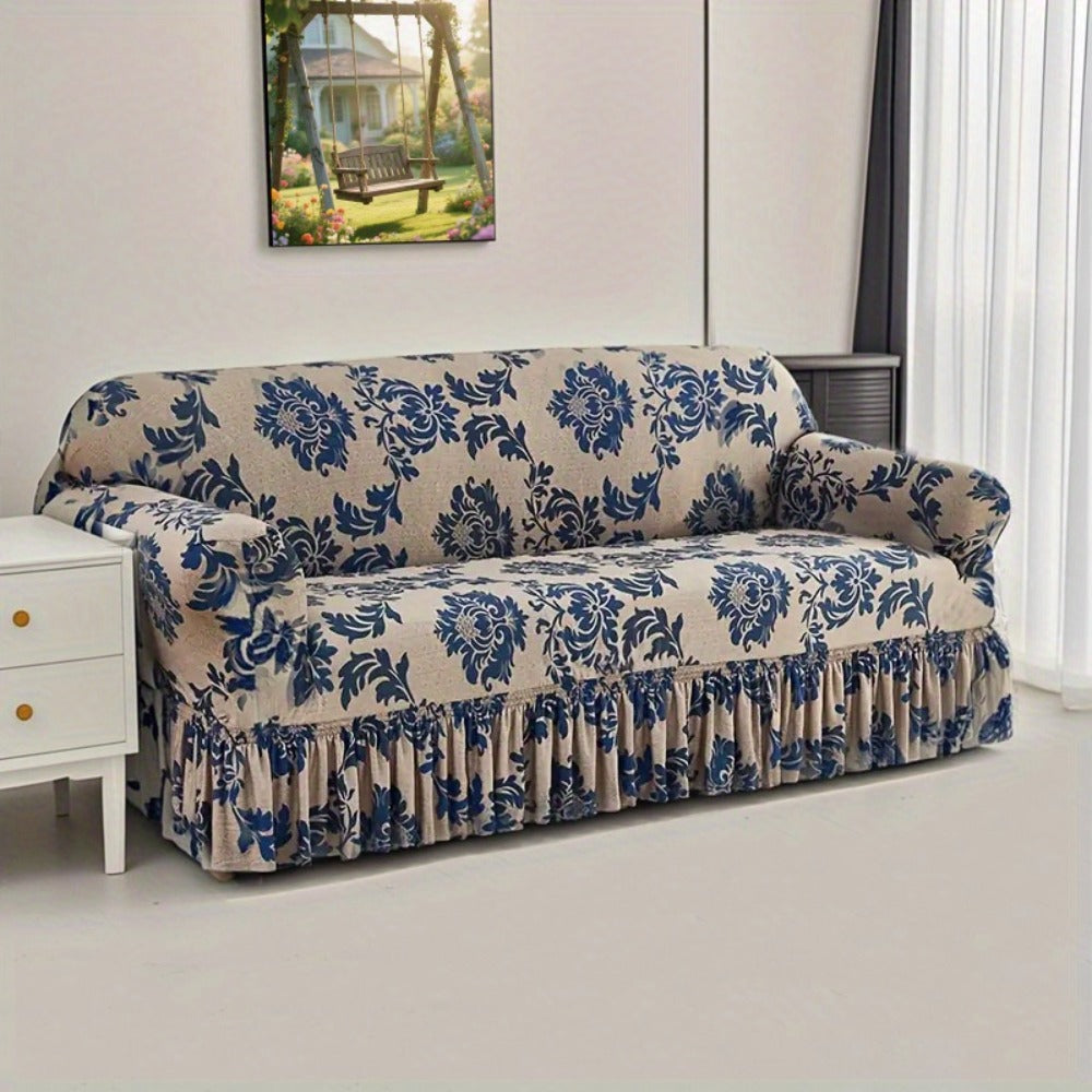Stretch Sofa Cover Slipcover High-Stretch Fabric Ruffle Skirt Non-Slip Rod All-Season Snug Fit for 1 2 3 4 Seater Couch ¡ª Dark Blue with Pillow Cover