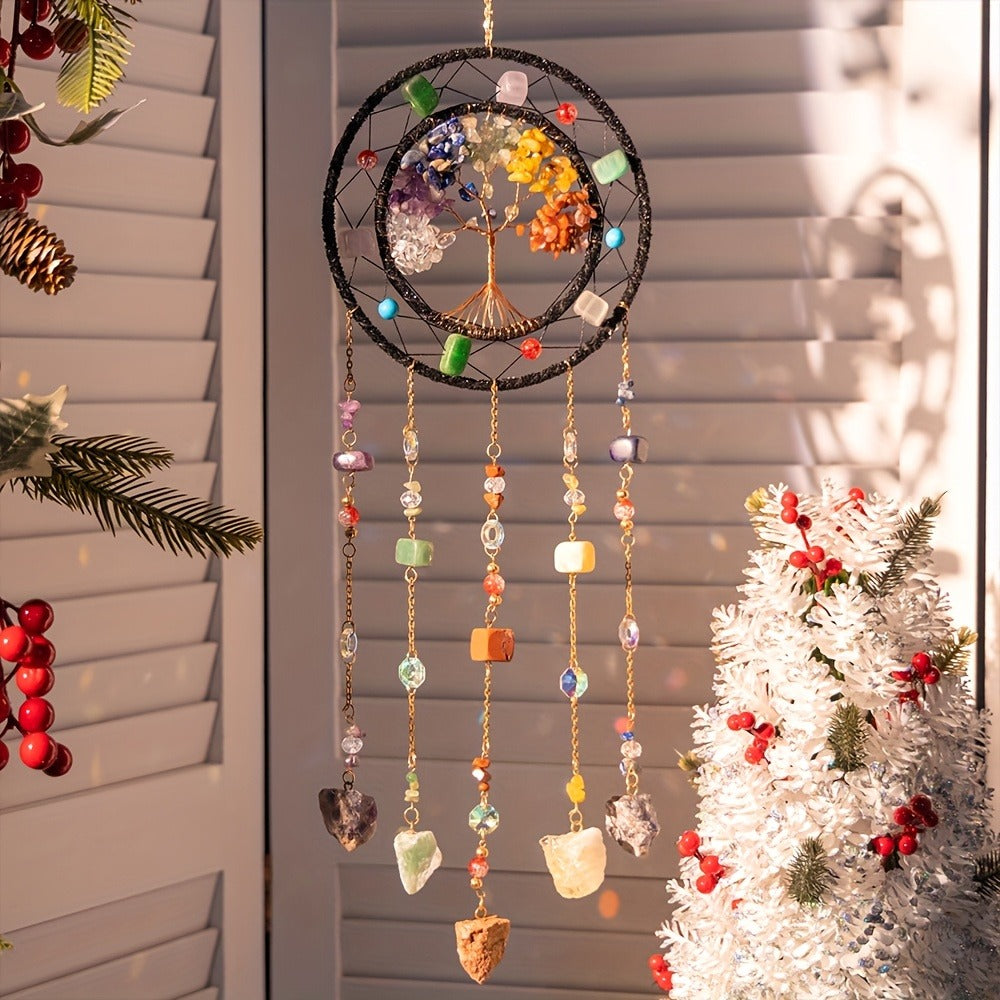 Crystal Wind Chime Suncatcher with Life Tree Pendant - Handmade Bohemian Shattered Stone Woven Hanging Decor for Outdoor Garden Window Porch, Christmas Wedding Birthday New Year Gift