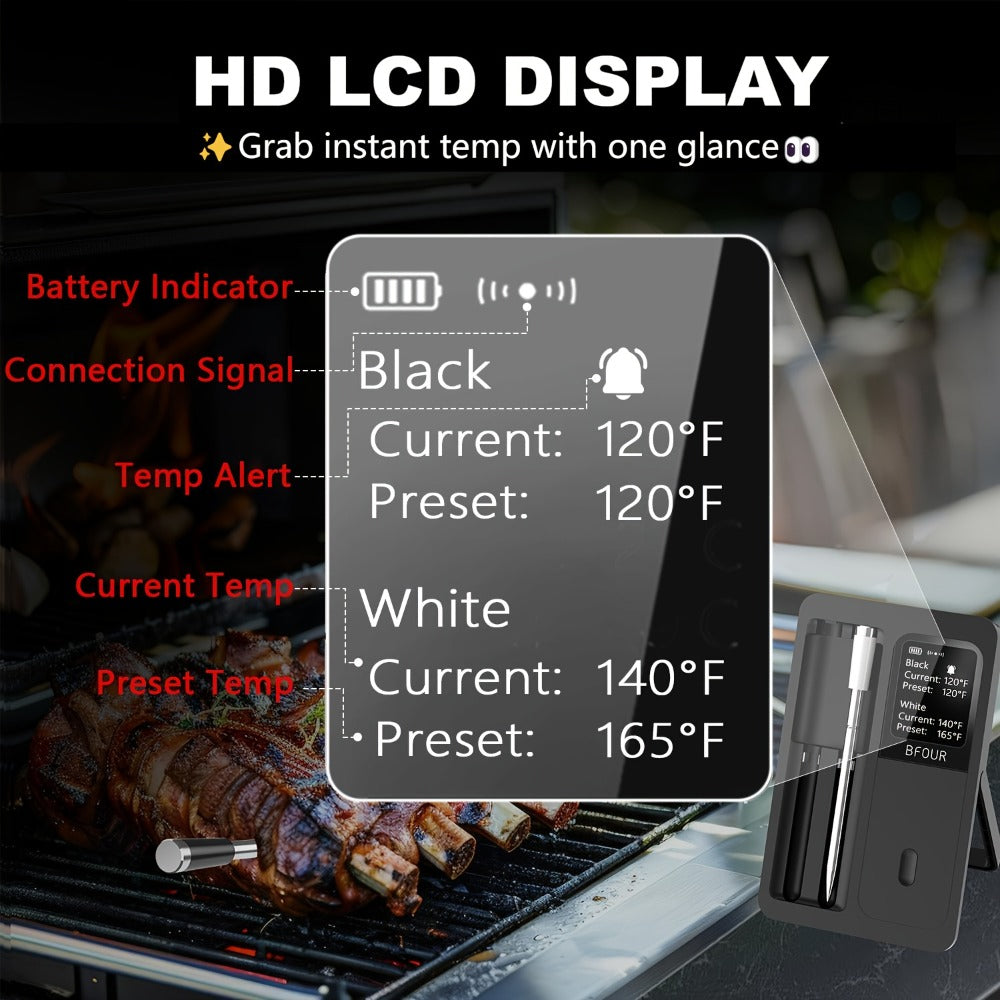 Wireless Meat Thermometer with Dual Probes USB Rechargeable | 2-Probe Digital BBQ Thermometer for Smoker Oven Grill Kitchen | 304 Stainless Steel Food Safe | iOS & Android App Compatible