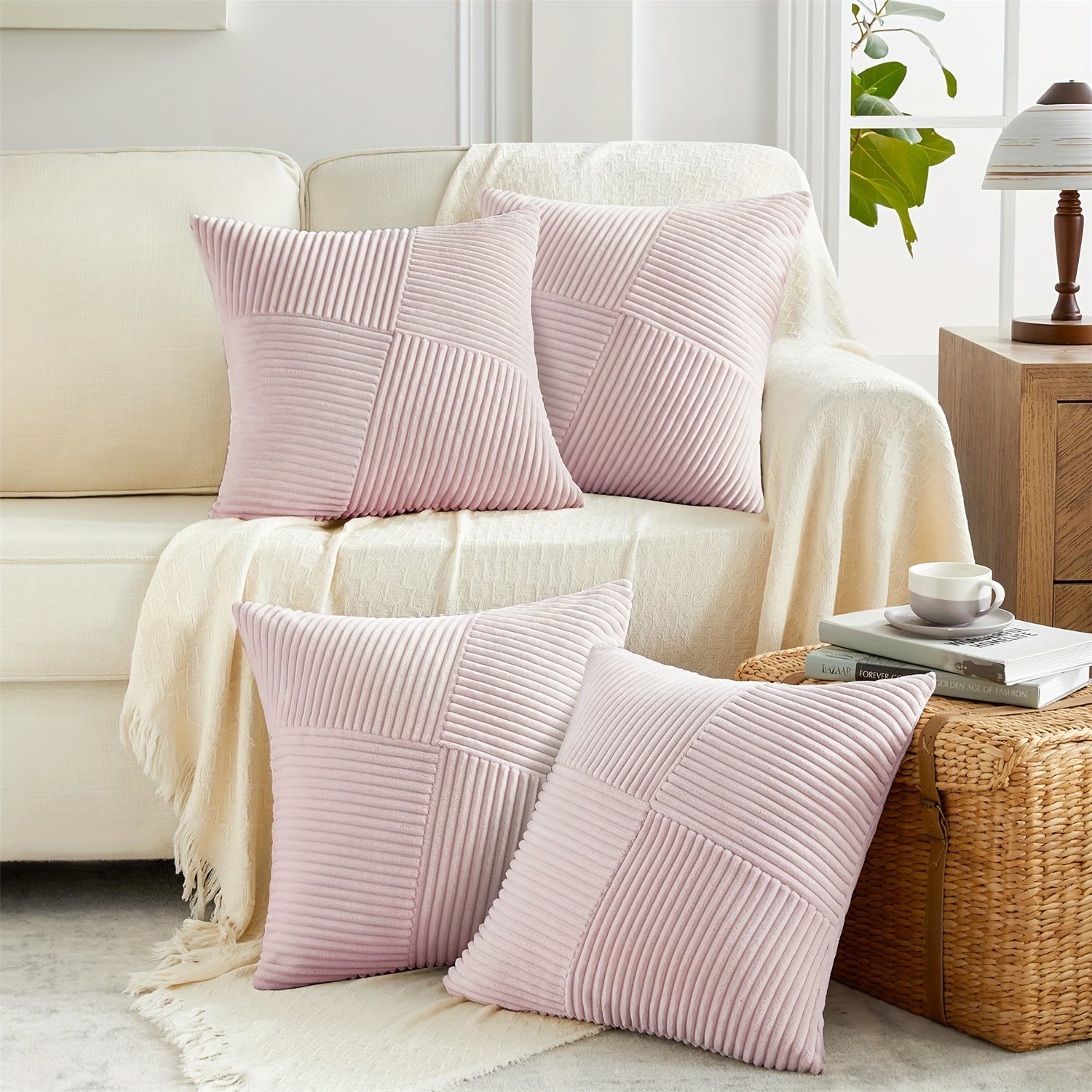 Throw Pillow Covers 18x18 Set of 4 - Boho Decorative Cushion Covers for Couch Sofa Bed, Soft Corduroy Textured Square Pillow Cases, Neutral Farmhouse Home Decor - Navy Blue Pink Mustard Sage Rust