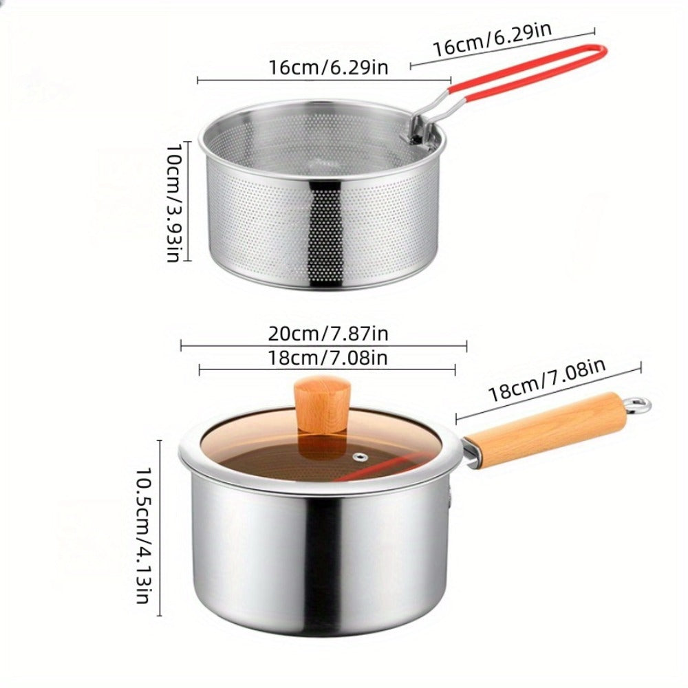 Stainless Steel Deep Fryer Pot Set with Frying Basket & Glass Lid, Non-Stick Multi-Function Cookware for Deep Frying, Noodles, Steaming & Ricotta, Induction & Gas Compatible