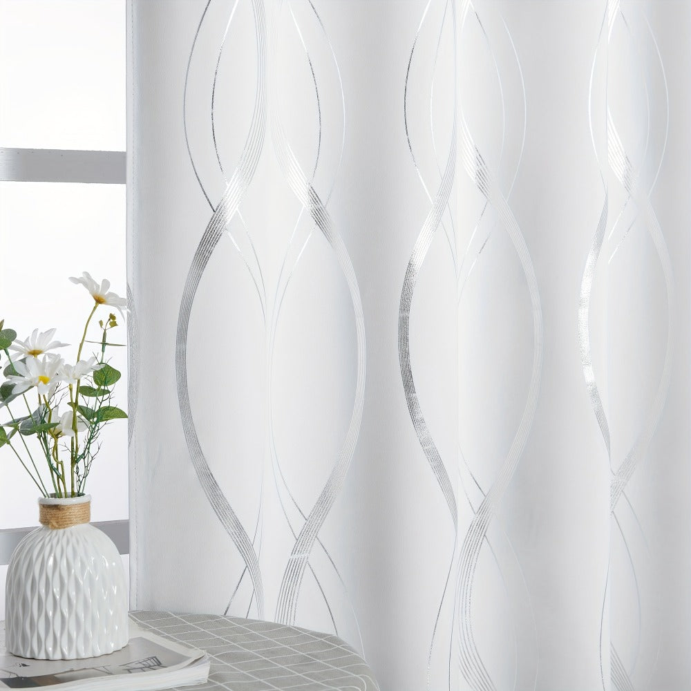Thermal Insulated Blackout Curtains 2 Panels Wave Line Foil Print Noise Reducing Room Darkening Drapes for Bedroom Living Room Patio Sliding Glass Door