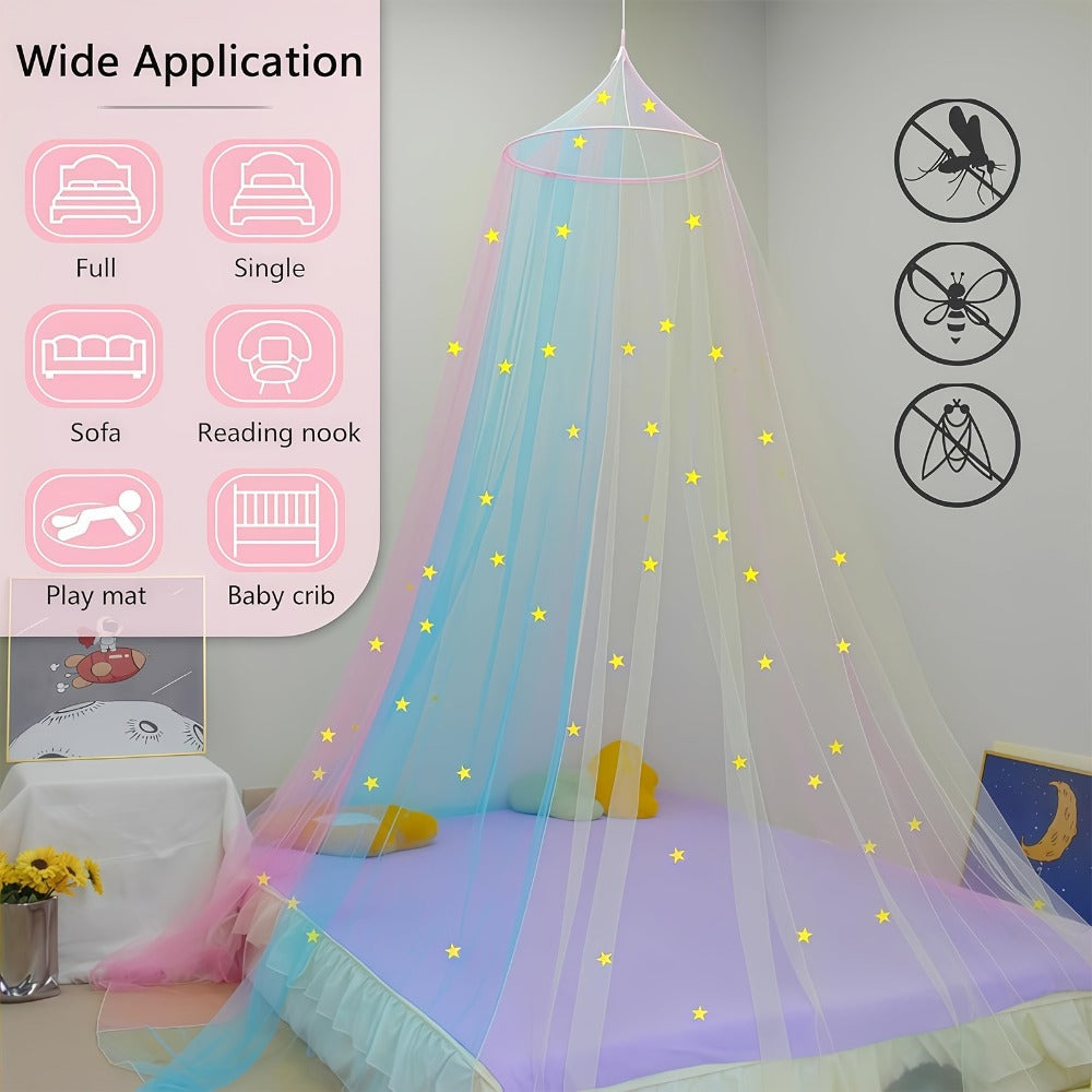Bed Canopy for Girls Princess Rainbow Glow in the Dark Stars Colorful Canopy Curtain Fits Single Full Queen Size Bed Kids Room Decor Ceiling Tent Netting Machine Washable