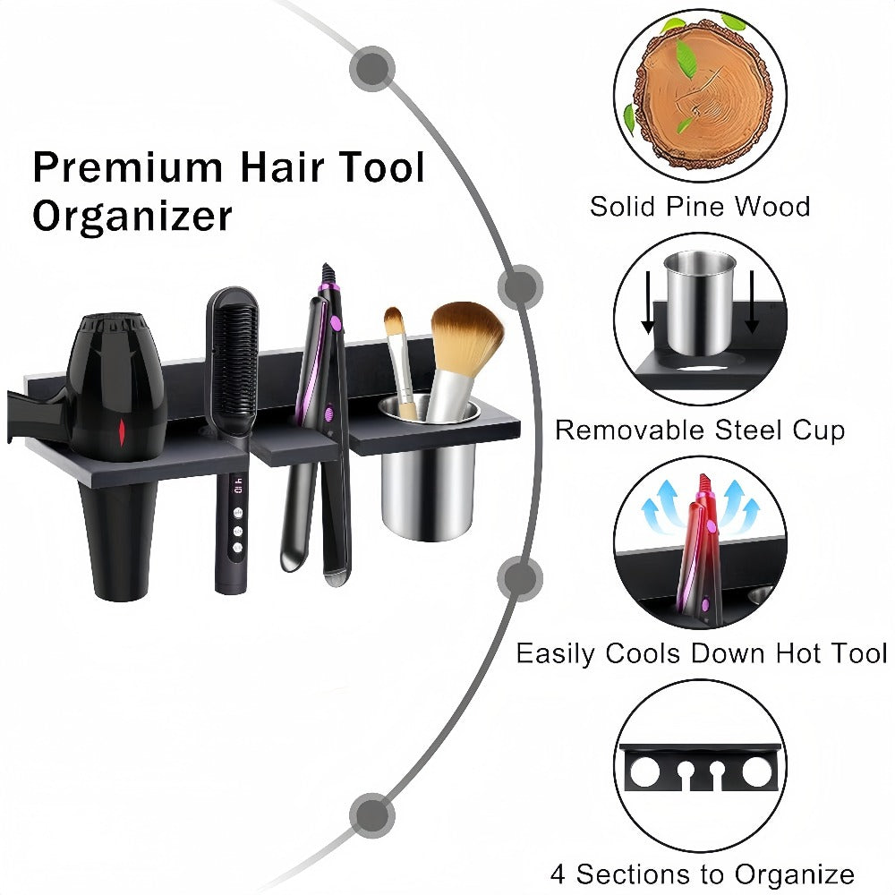 Wall Mounted Hair Tool Organizer ¨C Wooden Hair Dryer Holder & Storage Rack for Curling Iron, Straightener & Brushes, Rustic Bathroom Salon Shelf (Brown & Black)