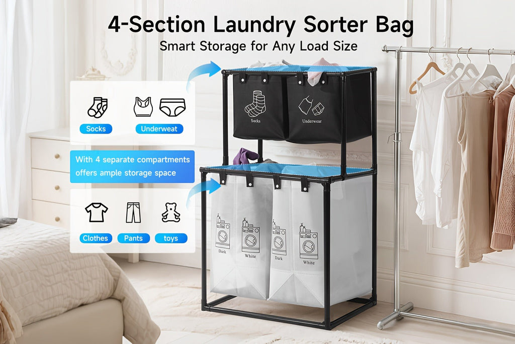 Laundry Sorter 2-Tier with Removable Bins - Collapsible Clothes Hamper Oxford Fabric Double Laundry Basket for Bedroom Bathroom Kids Adults Dorm Travel with 10 Cable Ties