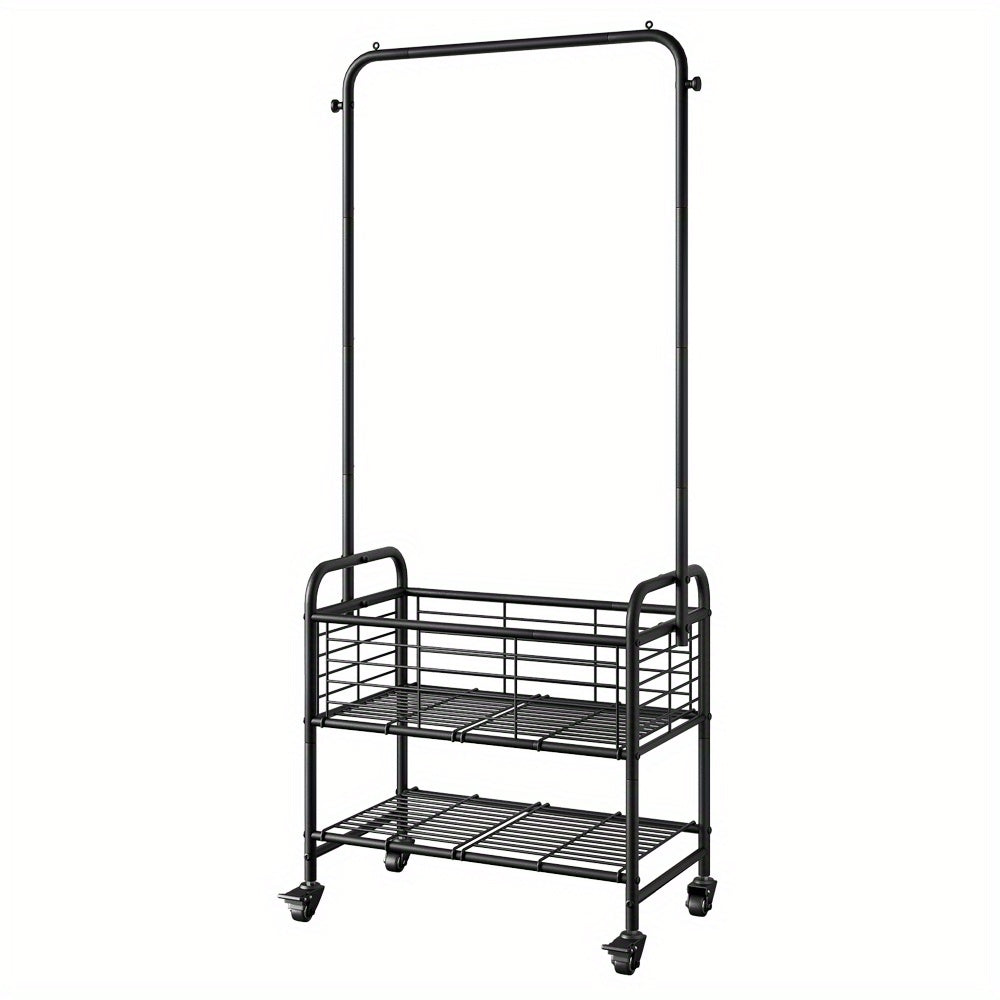 Rolling Laundry Basket with Wheels and Hanging Rack, Laundry Sorter Cart with Shelf and Locking Casters, Heavy Duty Steel Frame, Multifunctional Clothes Hamper for Laundry Room Bedroom Bathroom, White Black Silver