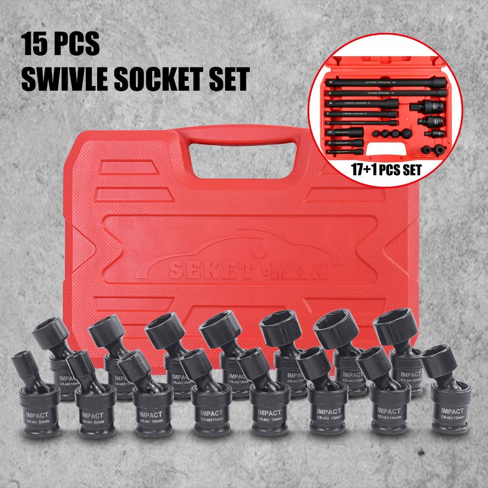 Impact Socket Set 3/8¡± Drive, 15-Piece Swivel Impact Universal Socket Set & 17+1 Piece Accessory Set, 8mm-22mm Cr-Mo Steel with Black Phosphate Finish, Professional Tool Kit for Home & Auto Repair