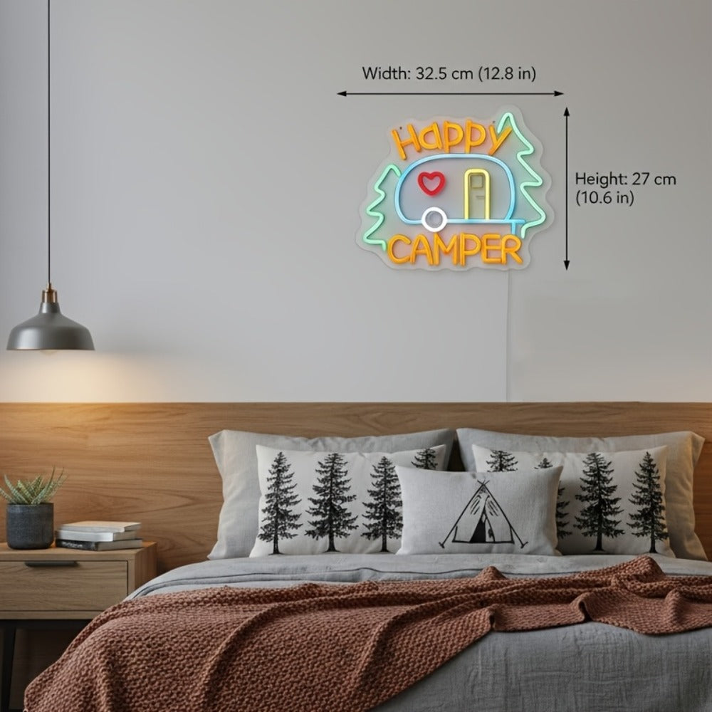 Happy Campers Neon Sign LED Wall Light | Illuminated RV Camper Decor Sign for Campsite Bedroom Man Cave Bar Party Polychrome Glowing Gift for Campers