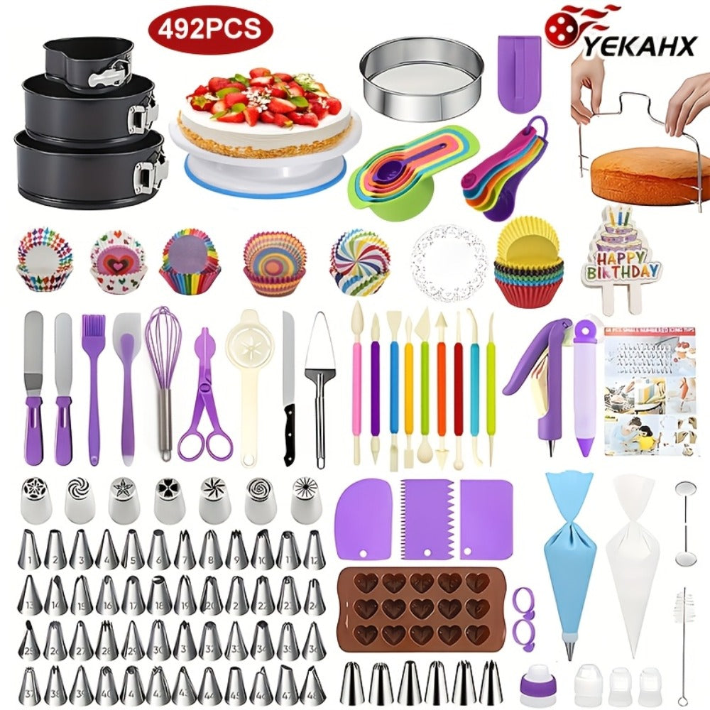 Cake Decorating Set 492pcs with Rotating Turntable Piping Bags Frosting Tips Professional Baking Supplies Kit for Beginners and Bakers