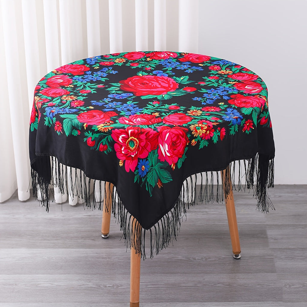 Floral Square Tablecloth with Tassels - Multicolor Flowers, Machine-Washable Polyester, Kitchen & Dining Room Table Cover with Tassel Trim
