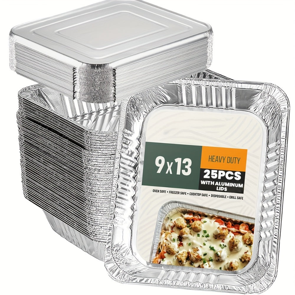 Disposable Aluminum Pans with Lids 25 Pack ¨C 9x13 Half Size Heavy-Duty Foil Baking Trays for Roasting, Reheating & Cooking ¨C Oven & Steam Table Safe, Chafing Dish Pans for Home & Commercial Use