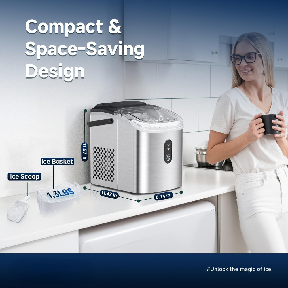 Portable Ice Maker Countertop ¨C Bullet Ice Machine 26-29 Lbs Daily, 9 Ice Cubes in 6 Mins, Self-Cleaning, Quiet Under 45dB, with Handle, Basket & Scoop, for Home, Kitchen, Camping & RV