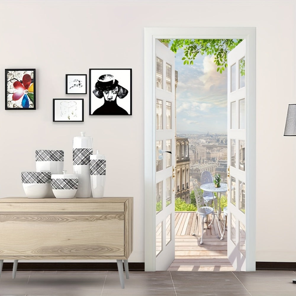 Door Sticker Balcony Scenery Wall Mural ¨C Removable Waterproof Peel & Stick Large Wall Art for Bedroom & Living Room, Faux Window View Home Decor, 35.43 x 78.74 Inches