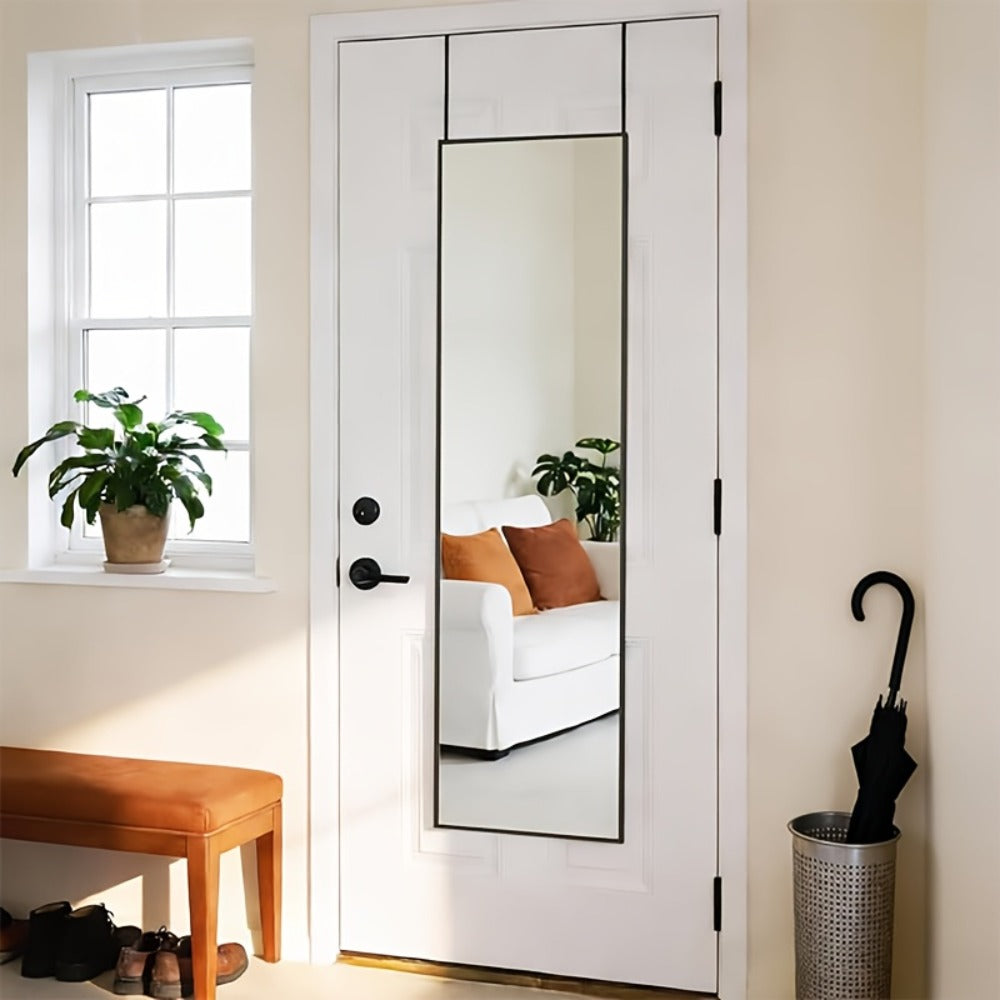 Full Length Mirror 47x14 ¨C Over the Door or Wall Mounted Hanging Mirror, Aluminum Alloy Frame, Full Body Dressing Mirror for Bedroom, Living Room & Entryway, Arched & Rectangular, Black & Gold