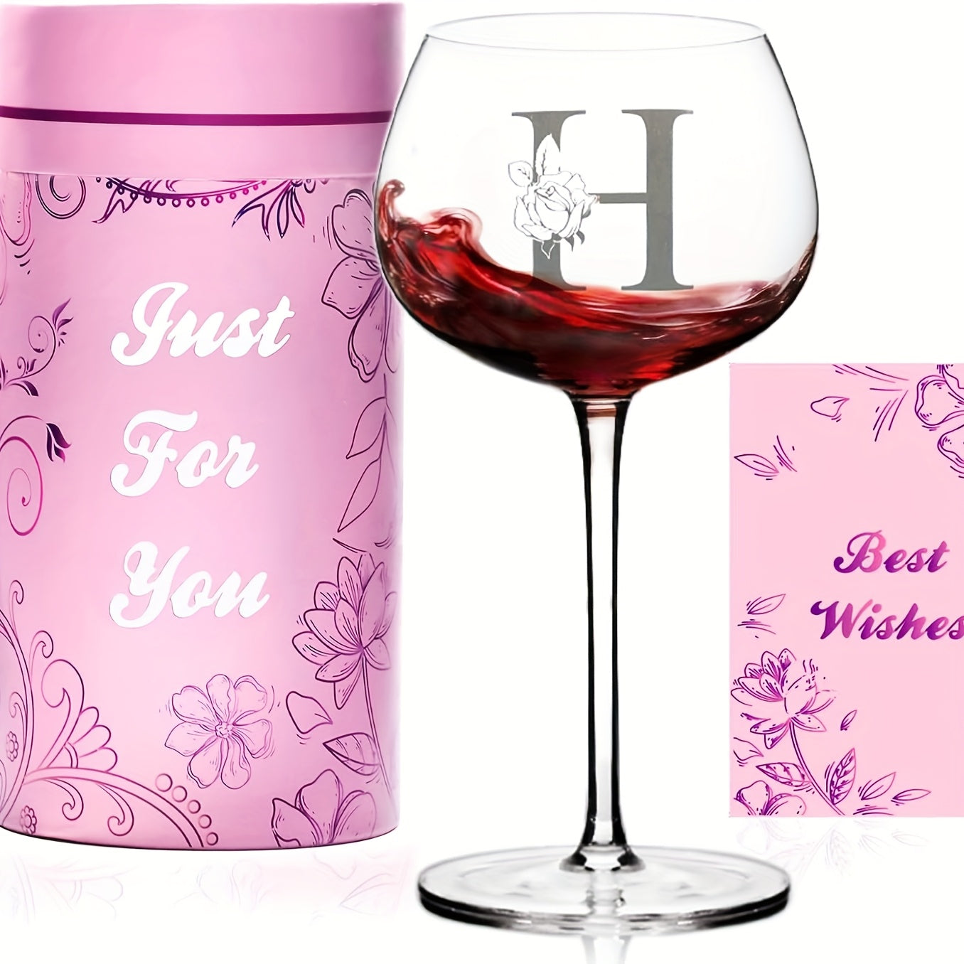 Personalized Wine Glass Gift for Women ¨C A-Z Initial Letter Monogrammed Wine Glass with Gift Box & Greeting Card ¨C Unique Birthday, Christmas & Mother's Day Gift for Mom, Best Friend & Sister