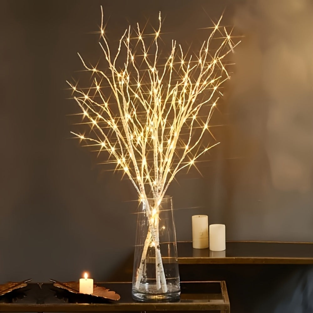 Birch Branch Lights Set of 2, Artificial Luminous Birch Tree Branches with Green Leaves & LED Fairy Lights ¡ª Battery Powered Indoor Decor for Christmas, New Year, Home & Reading Nook