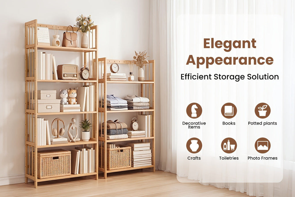 Bamboo Bookshelf Narrow 4 Tier Adjustable Shelves Wooden Bookcase Storage Shelf Organizer for Small Spaces Bedroom Living Room Home Office Standing Shelf