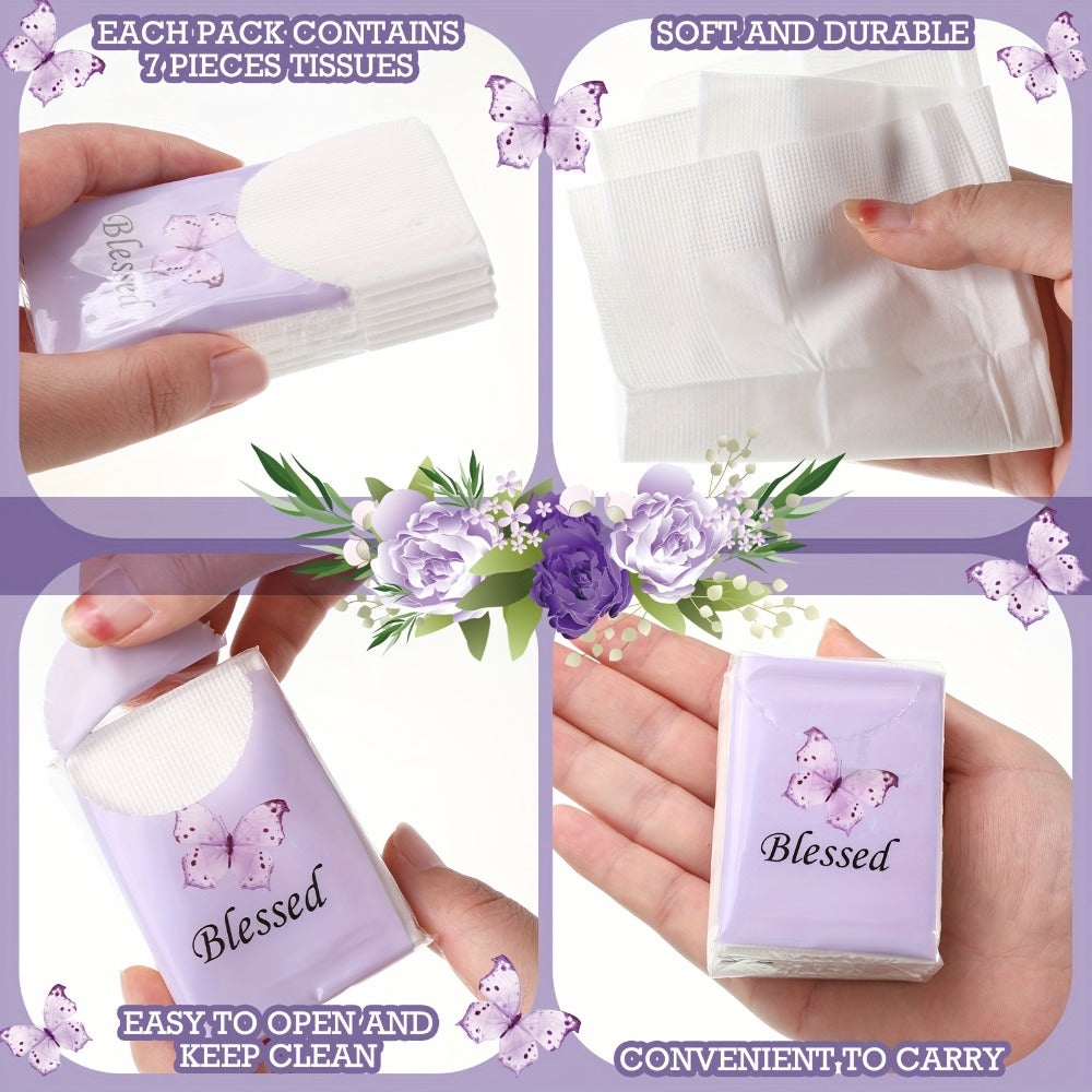 Christian Blessed Pocket Tissues 100 Pack 3-Ply Purple Butterfly Lavender Floral Design 7 Sheets Per Pack for Weddings Graduation Church Events Travel Gifts
