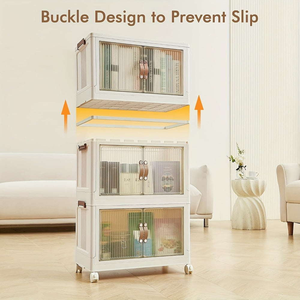 Stackable Storage Bins with Wheels & Drawers | Open Front Foldable Storage Organizer Bins for Home Bedroom Clothes Books Toys Holiday Christmas Gift Storage