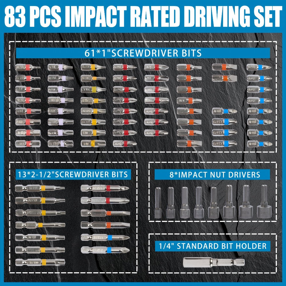 83-Piece Impact Driver Drill Bit Set S2 Steel Cross Slotted Square Star Hex Torx Bits with Magnetic Holder for Home Improvement DIY Projects