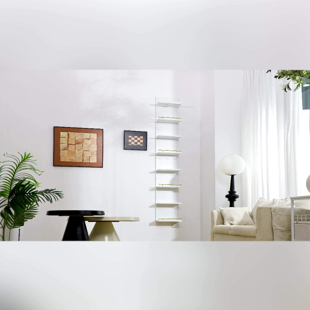 Floating Wall Shelves with LED Light - 6 & 8 Tier Wall Mounted Display Shelf Unit with Anti-Slip Rails for Bedroom, Living Room, Bathroom, Office & Dorm - Modern Space Saving Shelf (Black / White)