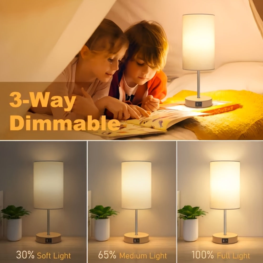 Bedside Table Lamp with USB-C Charging Port ¨C 3-Way Dimmable Touch Lamp, Wood Base Round Burlap Shade, Small Nightstand Desk Light with AC Outlet & A19 LED Bulb Included for Bedroom Living Room Office
