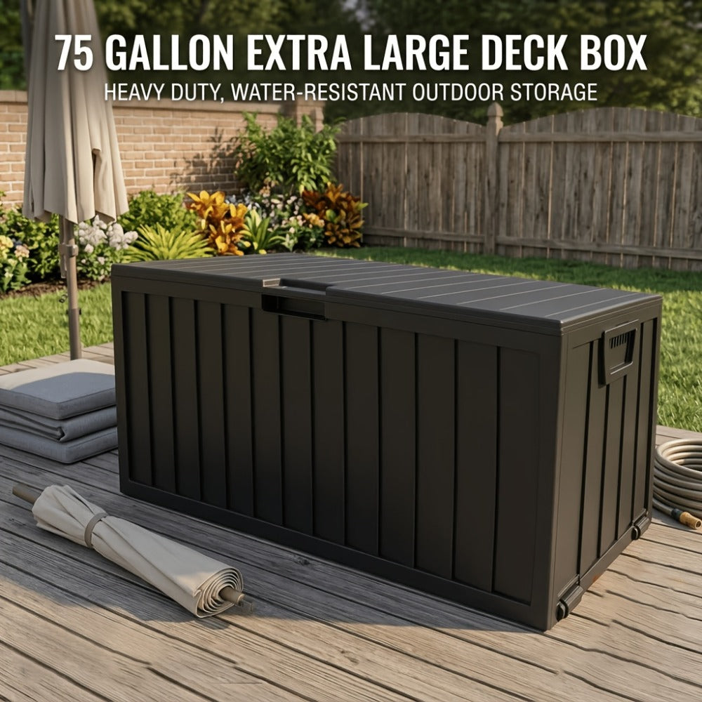 75 Gallon Outdoor Storage Box Waterproof Deck Box with Handles & Wheels ¨C Large Patio Storage Cabinet for Pool Accessories, Garden Tools & Outdoor Furniture | Easy Assembly Lockable Deck Storage Chest