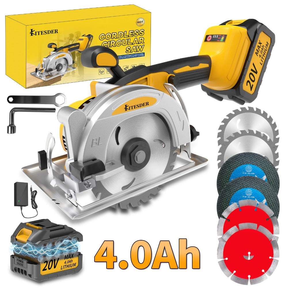 Brushless Circular Saw 5-Inch Kit 6900RPM with Battery & Charger ¨C 45¡ã Bevel Cut, Up to 6 Saw Blades, 2.0AH / 4.0AH Battery Options, Cordless Woodworking Saw for Wood Cutting, Garden & DIY Projects