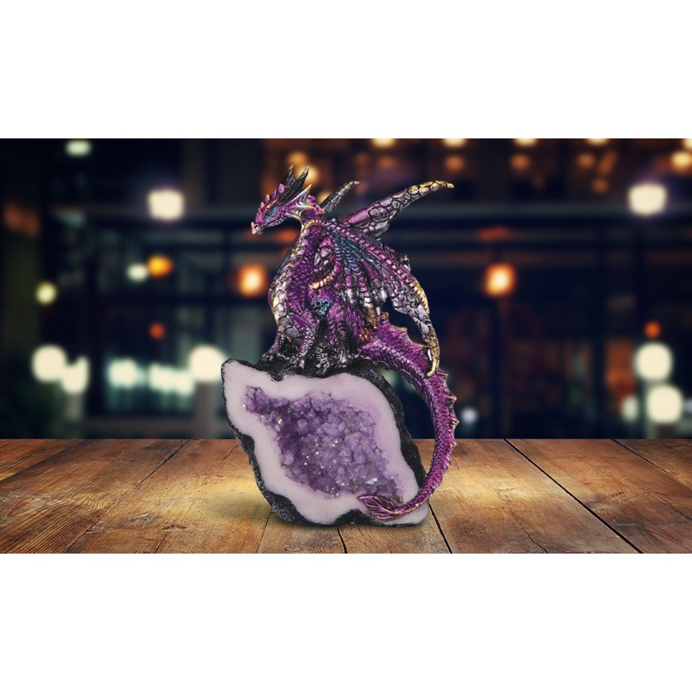 Dragon Figurine Purple Dragon Guarding Crystal Cave Statue 5.5 Inch Polyresin Sculpture Collectible Home Decor for Bookshelf Office Living Room Unique Gift for Birthdays Housewarmings Holidays Fantasy Lovers