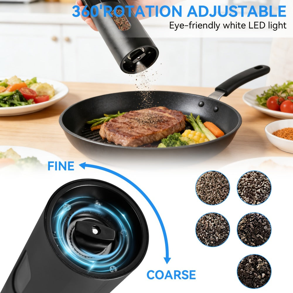 Electric Pepper Grinder Set of 2, Rechargeable with Charging Base, 6 Adjustable Coarseness Settings, Built-in LED Light & ABS Motor ¡ª Salt & Pepper Mill for Peppercorns & Spices, Brush Included