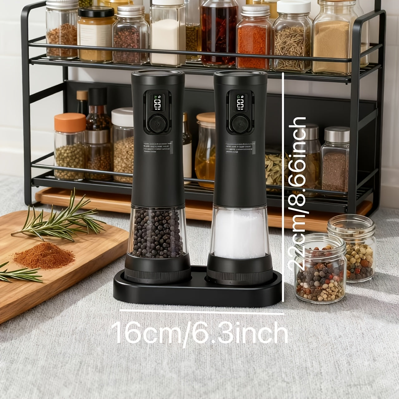 Electric Salt and Pepper Grinder Set Rechargeable USB Large Capacity with Base Automatic Adjustable Coarseness LED Display Kitchen Gift Silver Black